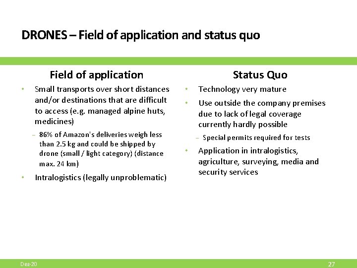 DRONES – Field of application and status quo Field of application • Small transports DRONES – Field of application and status quo Field of application • Small transports