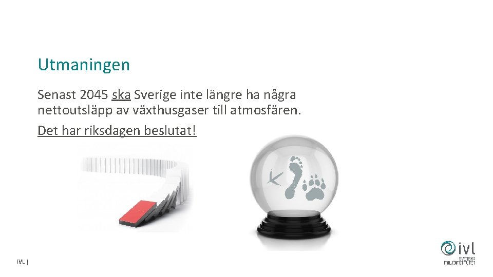 Utmaningen Senast 2045 ska Sverige inte längre ha några nettoutsläpp av växthusgaser till atmosfären.