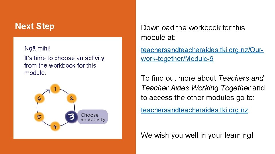 Next Step Ngā mihi! It’s time to choose an activity from the workbook for