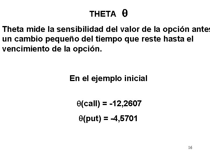 THETA Theta mide la sensibilidad del valor de la opción antes un cambio pequeño
