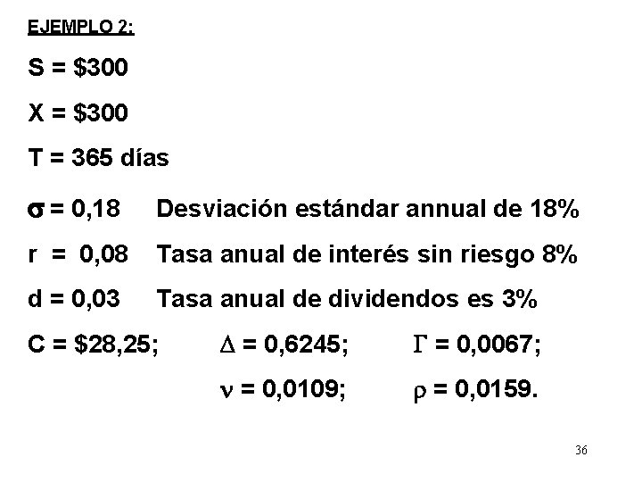 EJEMPLO 2: S = $300 X = $300 T = 365 días = 0,
