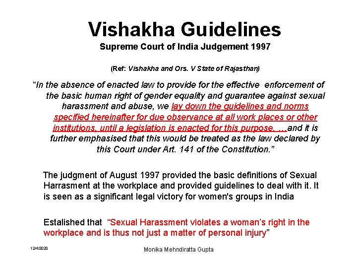 Vishakha Guidelines Supreme Court of India Judgement 1997 (Ref: Vishakha and Ors. V State