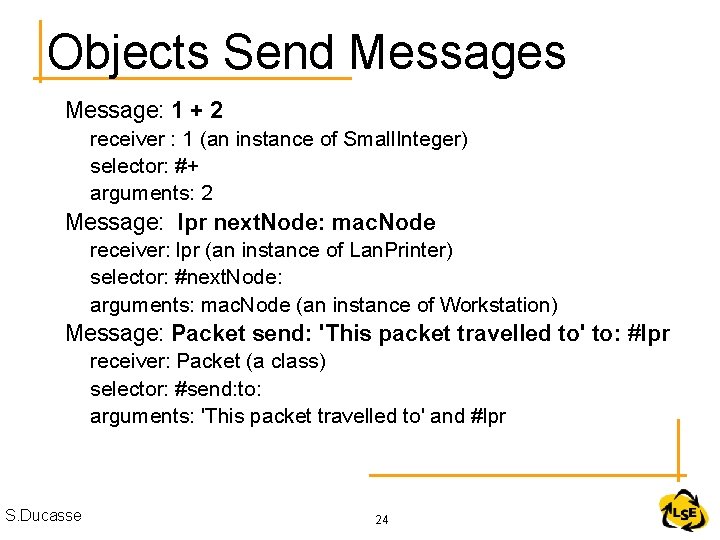 Objects Send Messages Message: 1 + 2 receiver : 1 (an instance of Small.