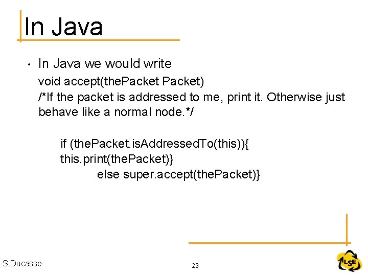 In Java • In Java we would write void accept(the. Packet) /*If the packet