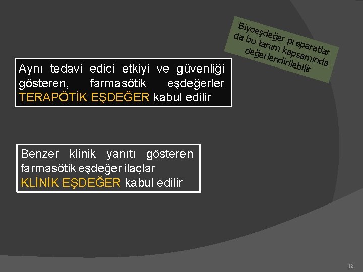 Aynı tedavi edici etkiyi ve güvenliği gösteren, farmasötik eşdeğerler TERAPÖTİK EŞDEĞER kabul edilir Biyo