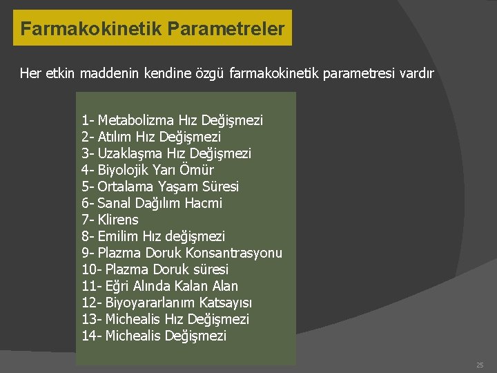 Farmakokinetik Parametreler Her etkin maddenin kendine özgü farmakokinetik parametresi vardır 1 - Metabolizma Hız