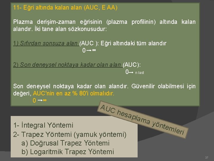 11 - Eğri altında kalan (AUC, E AA) Plazma derişim-zaman eğrisinin (plazma profilinin) altında