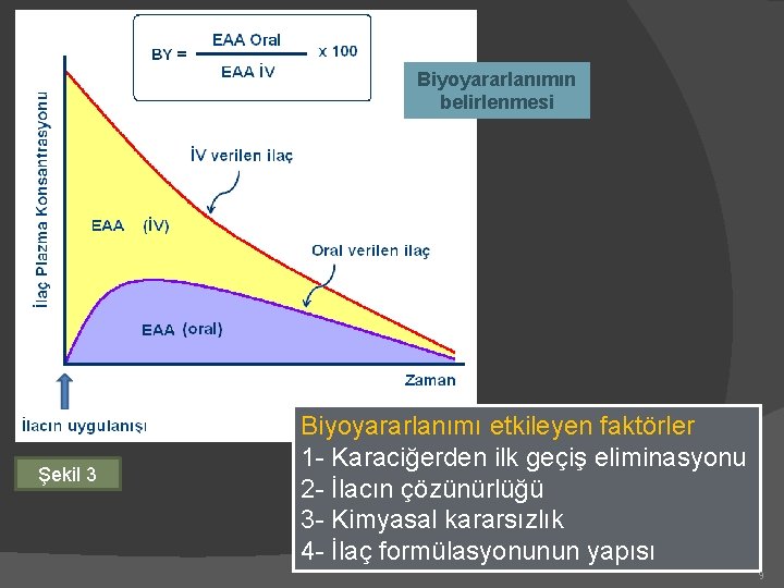 Biyoyararlanımın belirlenmesi Şekil 3 Biyoyararlanımı etkileyen faktörler 1 - Karaciğerden ilk geçiş eliminasyonu 2