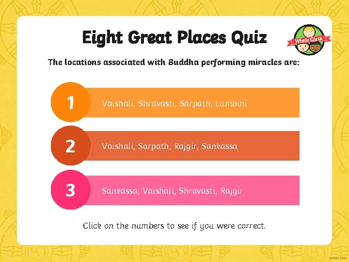 Eight Great Places Quiz The locations associated with Buddha performing miracles are: 1 Vaishali,