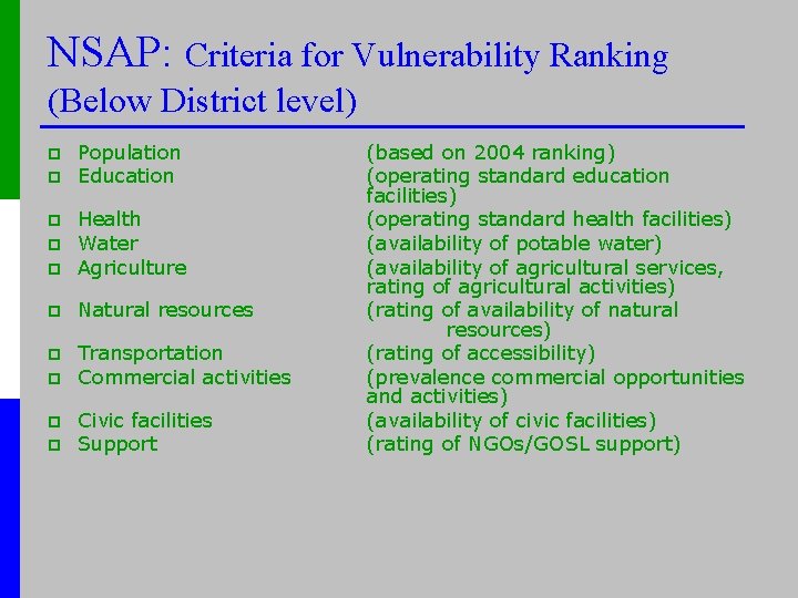 NSAP: Criteria for Vulnerability Ranking (Below District level) p p Population Education p Health