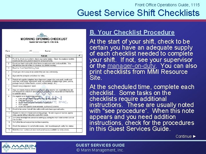 Front Office Operations Guide, 1115 Guest Service Shift Checklists B. Your Checklist Procedure At