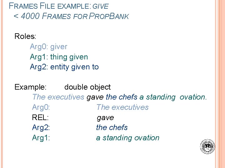 FRAMES FILE EXAMPLE: GIVE < 4000 FRAMES FOR PROPBANK Roles: Arg 0: giver Arg