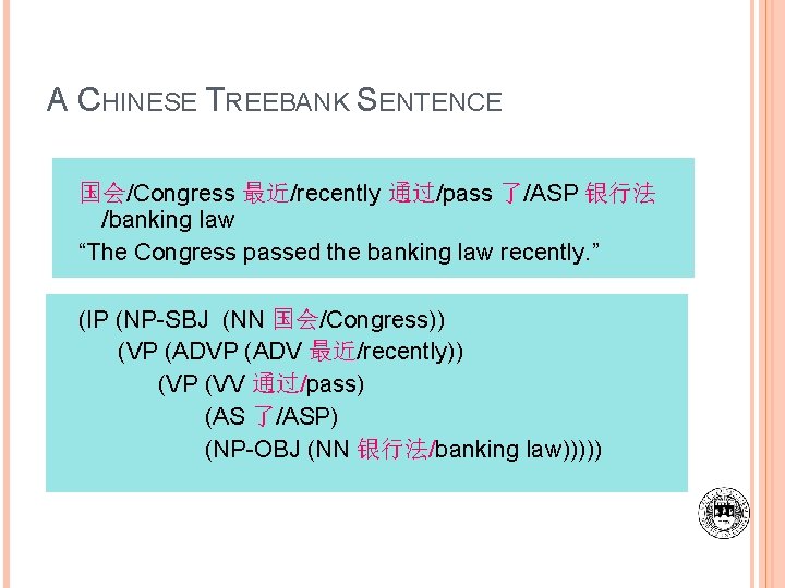A CHINESE TREEBANK SENTENCE 国会/Congress 最近/recently 通过/pass 了/ASP 银行法 /banking law “The Congress passed