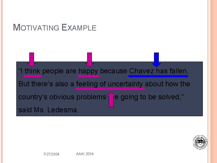 MOTIVATING EXAMPLE “I think people are happy because Chavez has fallen. But there’s also