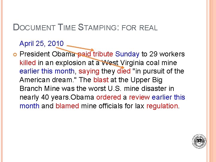 DOCUMENT TIME STAMPING: FOR REAL April 25, 2010 President Obama paid tribute Sunday to