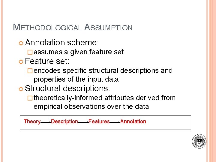 METHODOLOGICAL ASSUMPTION Annotation scheme: � assumes a given feature set Feature set: � encodes