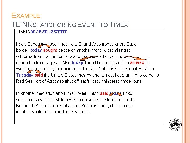 EXAMPLE: TLINKS, ANCHORING EVENT TO TIMEX AP-NR-08 -15 -90 1337 EDT Iraq's Saddam Hussein,