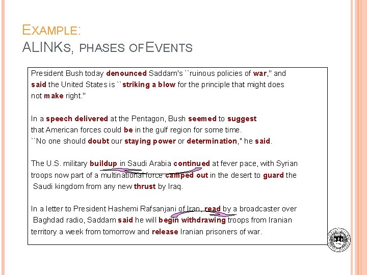 EXAMPLE: ALINKS, PHASES OF EVENTS President Bush today denounced Saddam's ``ruinous policies of war,