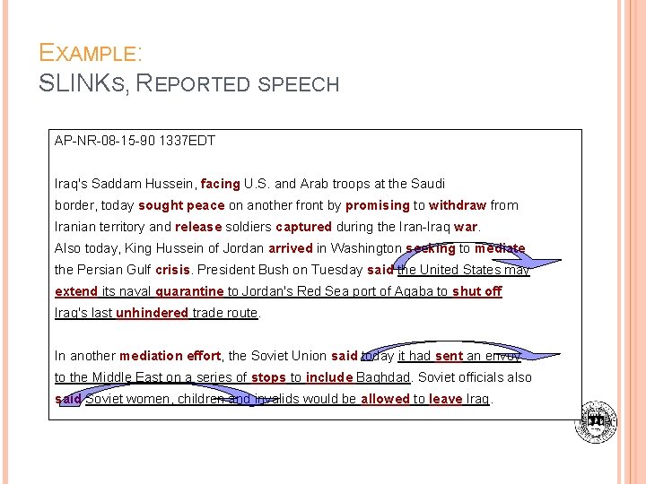 EXAMPLE: SLINKS, REPORTED SPEECH AP-NR-08 -15 -90 1337 EDT Iraq's Saddam Hussein, facing U.