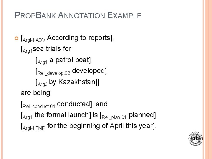 PROPBANK ANNOTATION EXAMPLE [Arg. M-ADV According to reports], [Arg 1 sea trials for [Arg