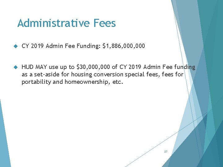 Administrative Fees CY 2019 Admin Fee Funding: $1, 886, 000 HUD MAY use up