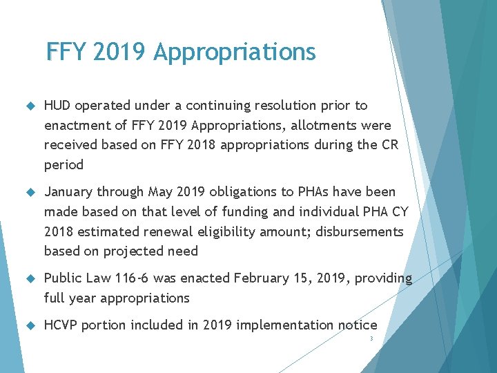FFY F 2019 Appropriations HUD operated under a continuing resolution prior to enactment of