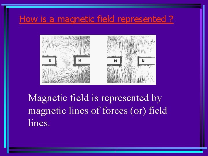 How is a magnetic field represented ? Magnetic field is represented by magnetic lines