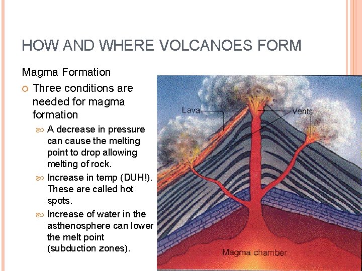 HOW AND WHERE VOLCANOES FORM Magma Formation Three conditions are needed for magma formation