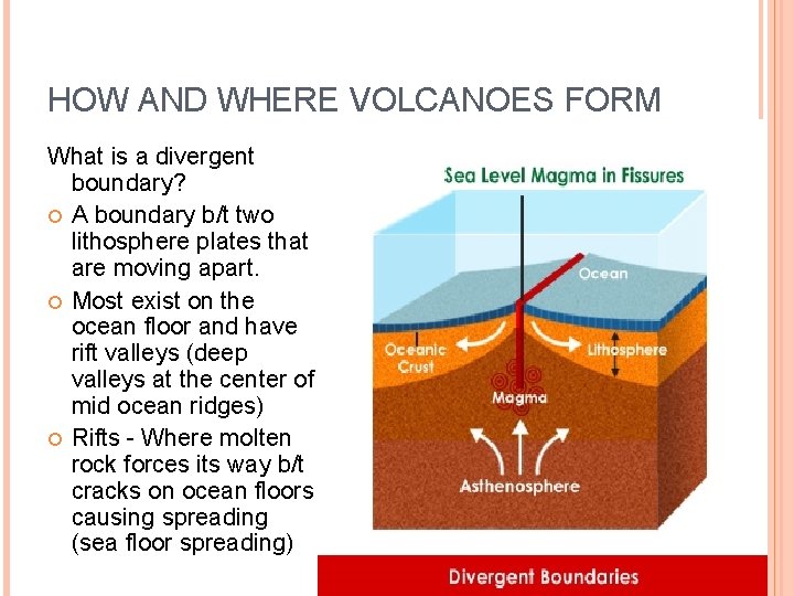 HOW AND WHERE VOLCANOES FORM What is a divergent boundary? A boundary b/t two