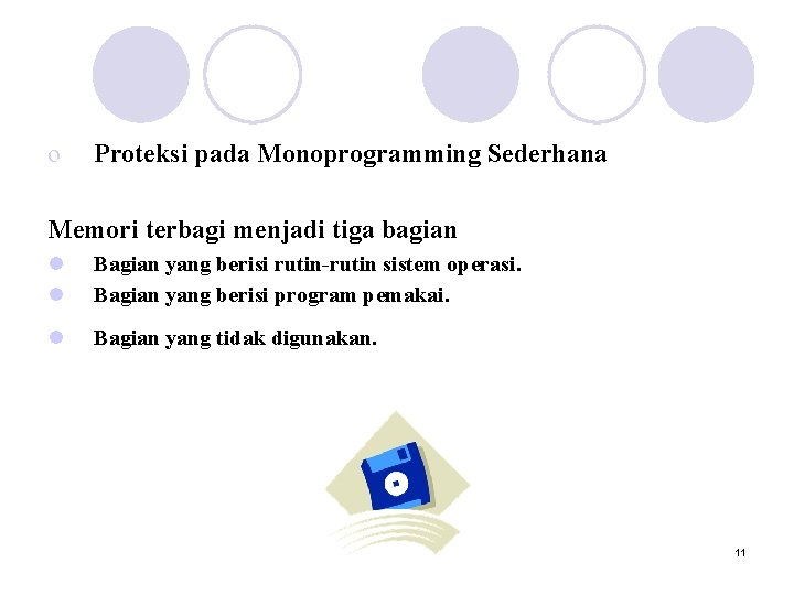 o Proteksi pada Monoprogramming Sederhana Memori terbagi menjadi tiga bagian l l Bagian yang