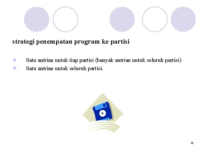 strategi penempatan program ke partisi l l Satu antrian untuk tiap partisi (banyak antrian