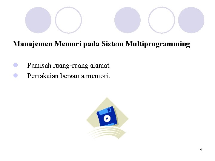 Manajemen Memori pada Sistem Multiprogramming l l Pemisah ruang-ruang alamat. Pemakaian bersama memori. 4