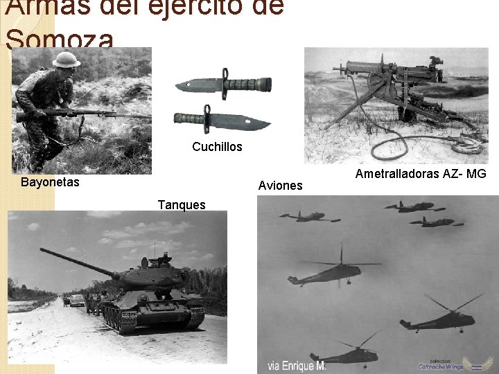 Armas del ejército de Somoza Cuchillos Bayonetas Aviones Tanques Ametralladoras AZ- MG 