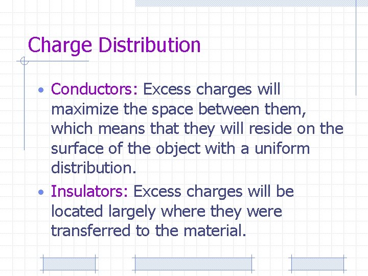 Charge Distribution • Conductors: Excess charges will maximize the space between them, which means