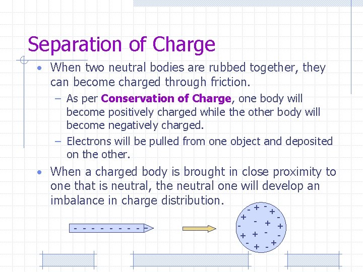 Separation of Charge • When two neutral bodies are rubbed together, they can become