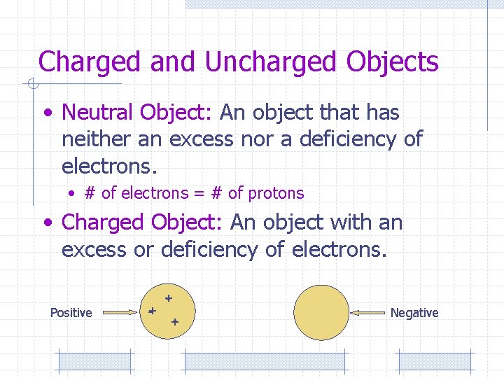 Charged and Uncharged Objects • Neutral Object: An object that has neither an excess