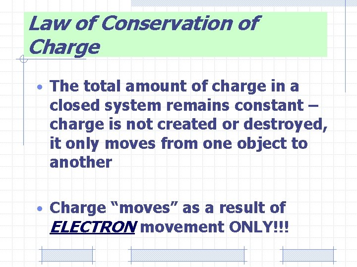 Law of Conservation of Charge • The total amount of charge in a closed