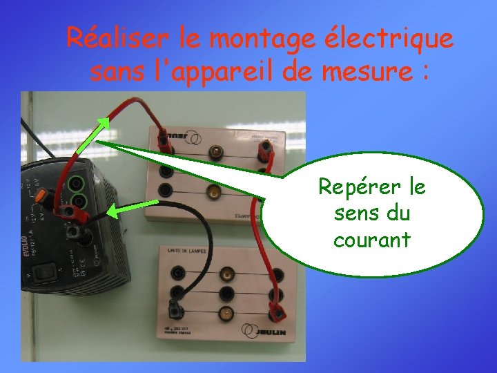 Réaliser le montage électrique sans l'appareil de mesure : Repérer le sens du courant