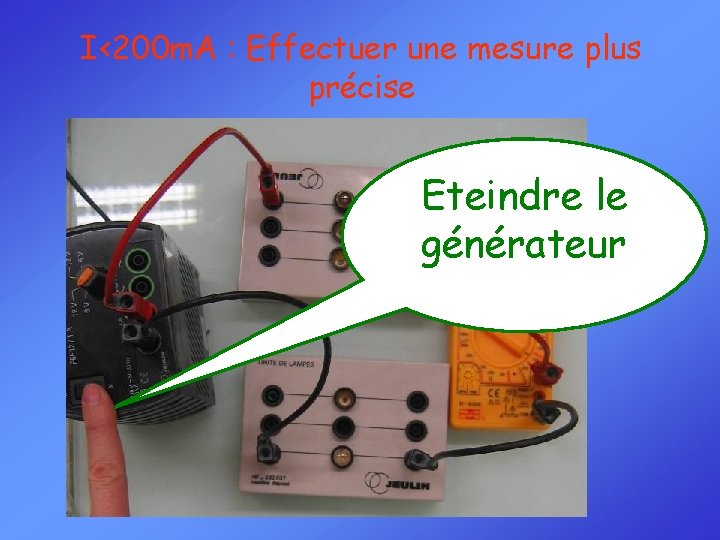 I<200 m. A : Effectuer une mesure plus précise Eteindre le générateur 