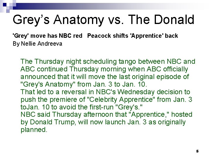 Grey’s Anatomy vs. The Donald 'Grey' move has NBC red Peacock shifts 'Apprentice' back