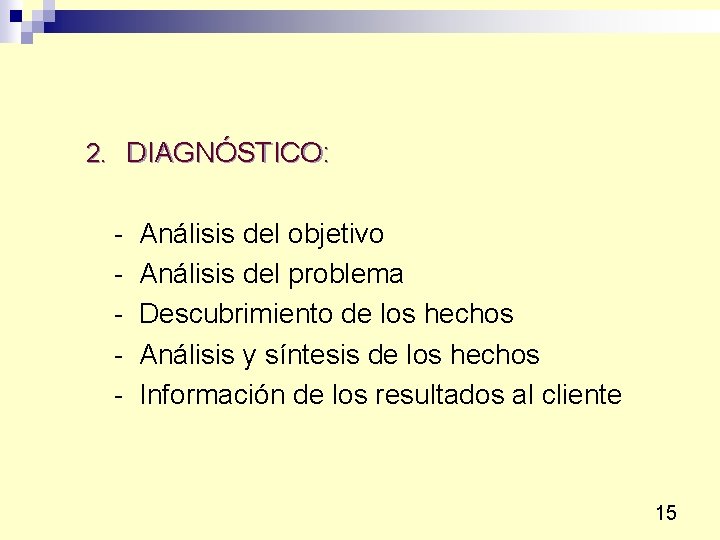 2. DIAGNÓSTICO: - Análisis del objetivo Análisis del problema Descubrimiento de los hechos Análisis