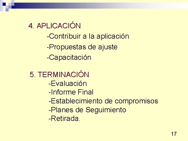 4. APLICACIÓN -Contribuir a la aplicación -Propuestas de ajuste -Capacitación 5. TERMINACIÓN -Evaluación -Informe