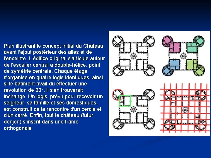 Plan illustrant le concept initial du Château, avant l'ajout postérieur des ailes et de Plan illustrant le concept initial du Château, avant l'ajout postérieur des ailes et de