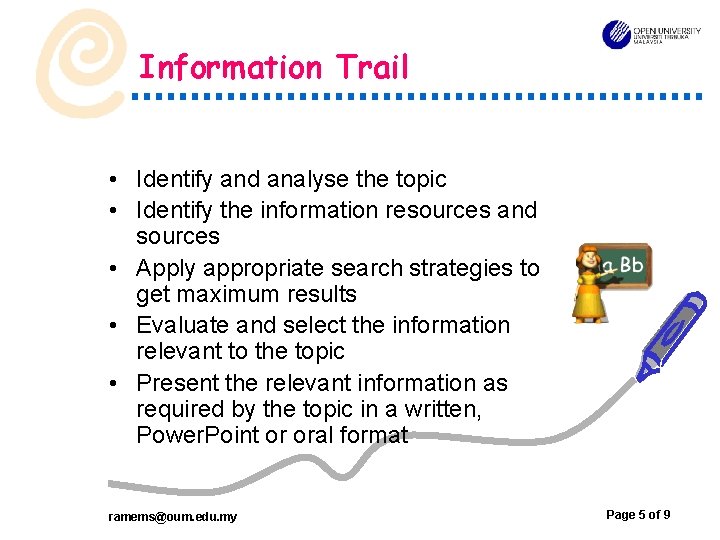 Information Trail OUMH 1103 • Identify and analyse the topic • Identify the information