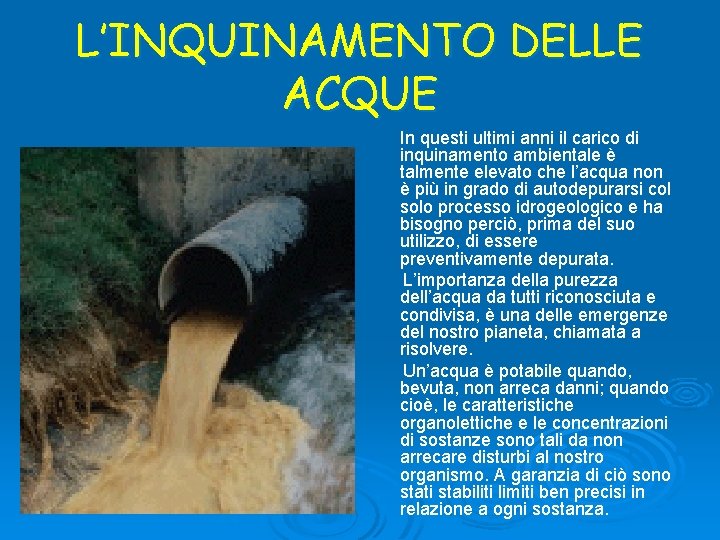 L’INQUINAMENTO DELLE ACQUE In questi ultimi anni il carico di inquinamento ambientale è talmente