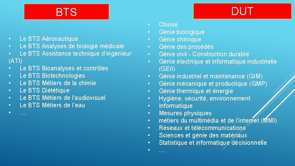 DUT BTS • Le BTS Aéronautique • Le BTS Analyses de biologie médicale •