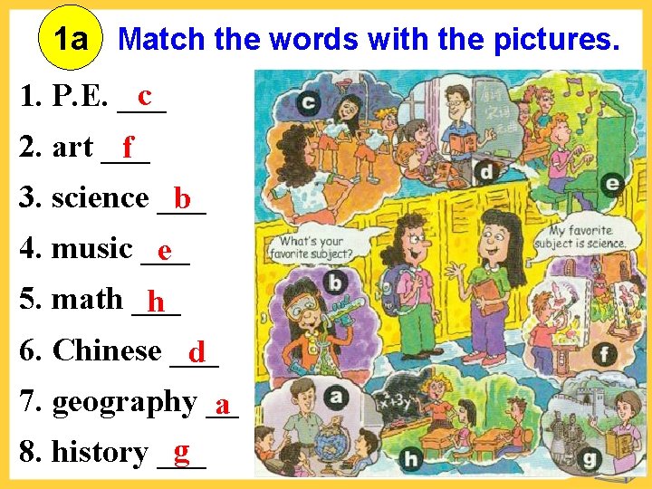 1 a Match the words with the pictures. c 1. P. E. ___ 2.