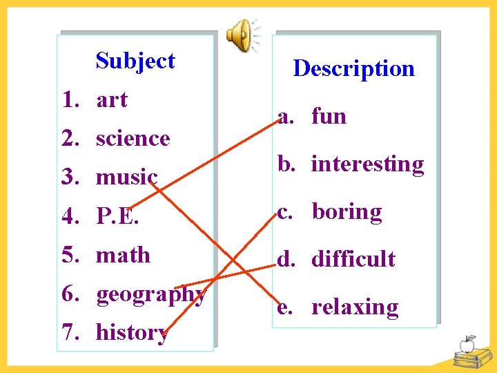 Subject 1. art 2. science 3. music Description a. fun b. interesting 4. P.