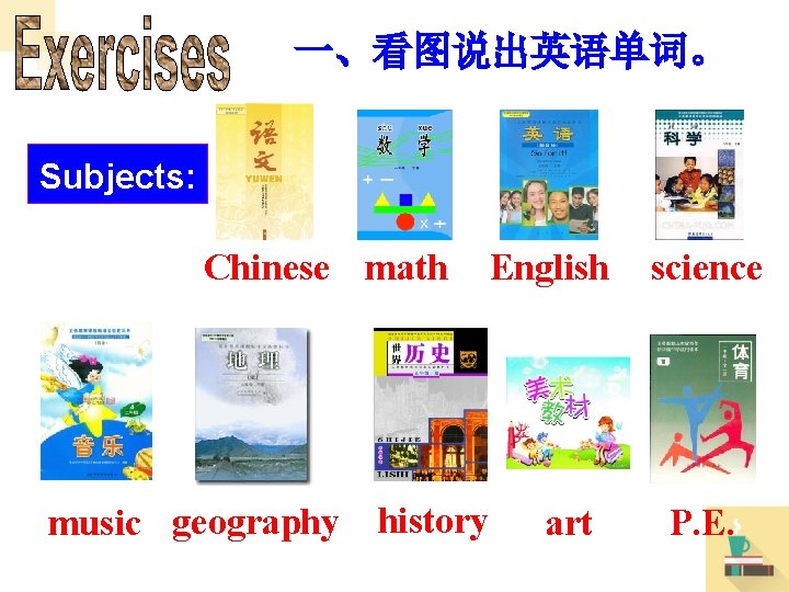 一、看图说出英语单词。 Subjects: Chinese math music geography history English art science P. E. 