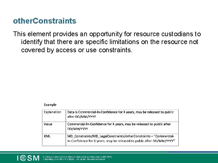 other. Constraints This element provides an opportunity for resource custodians to identify that there